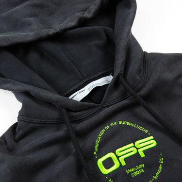 Inside label view of Off-White Dark Grey Hand Print Hoodie showing the brand logo.