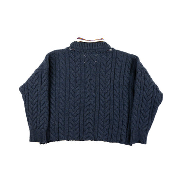 The back view of a Maison Margiela FW16 Polo Cable Knit Sweater in navy.