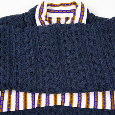 A detailed view of the collar and cuff of the Maison Margiela FW16 Polo Cable Knit Sweater in navy.