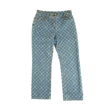 The front of the Louis Vuitton Monogram Denim Jeans.