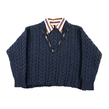 The front full view of a Maison Margiela FW16 Polo Cable Knit Sweater in navy.