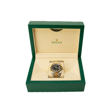 The watch inside the box of the Rolex Datejust 41mm 2019 Blue face.