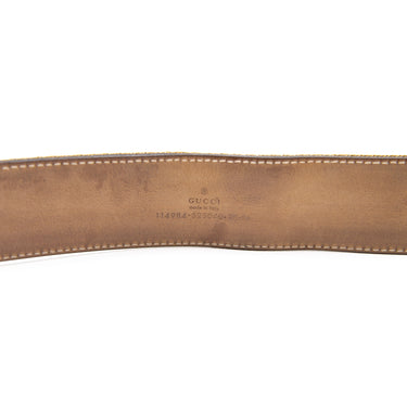 The label of the Gucci Blue & Yellow Striped Canvas Silver GG Buckle Belt.