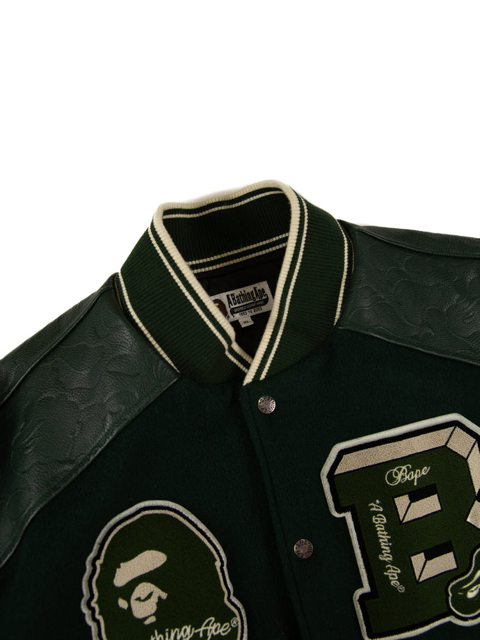 The collar of the A Bathing Ape Leather Varsity Jacket.