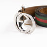 The front of the Gucci Classic Striped GG Belt in multicolour, featuring a logo.