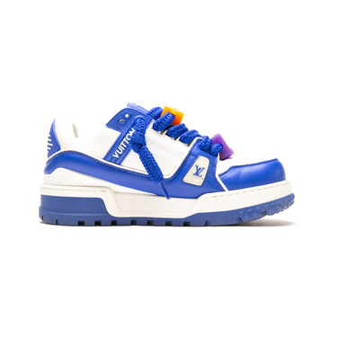 The left of the Louis Vuitton LV Trainer Maxi Blue White Sneaker.
