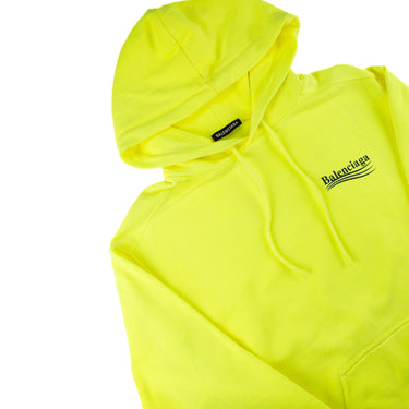 The flat lay of the Balenciaga Neon Yellow Campaign Hoodie.