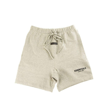 The front of the Fear Of God ESSENTIALS Dark Oatmeal Shorts M.