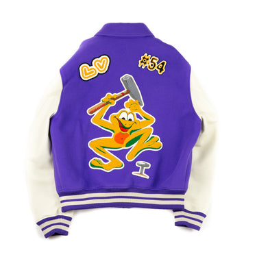 The back of a Louis Vuitton Multi-Patches Mixed Leather Varsity Jacket in purple with white sleeves and orange patches.