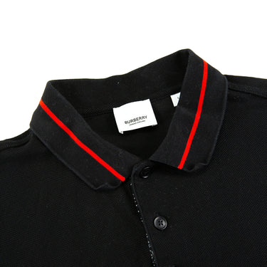 The collar of the Burberry London England Rubber Logo Black Polo Shirt.
