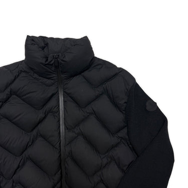The front of the Moncler Quilted Shell Ribbed Knit Cardigan Jacket.