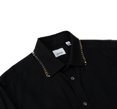 The collar and inside label of the Burberry Black Chain Detail Shirt.