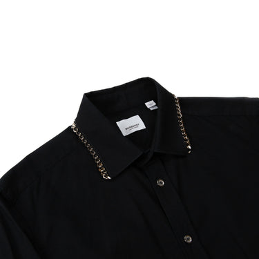 The collar and inside label of the Burberry Black Chain Detail Shirt.