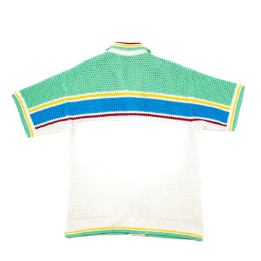 The back of a Casablanca Multicolor Crochet Tennis Shirt showcasing the colorful jacquard stripes and rib knit trim.