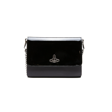 The front view of a Vivienne Westwood Patent Leather Crossbody Bag in black.