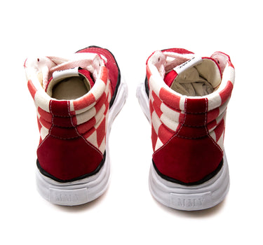 The back view of Maison Mihara Yasuhiro Red Ginham High Tops, highlighting the sturdy construction.