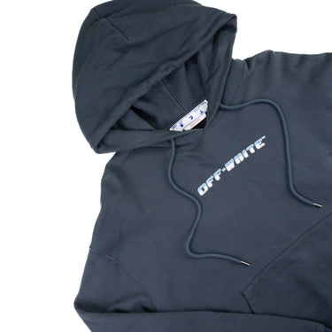 The hood of the Off-White Between Arrows Navy Hoodie.
