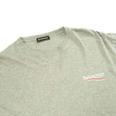 The front logo of the Balenciaga Campaign Logo Grey T Shirt.