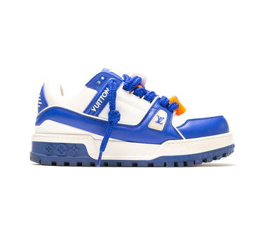 The right of the Louis Vuitton LV Trainer Maxi Blue White Sneaker.