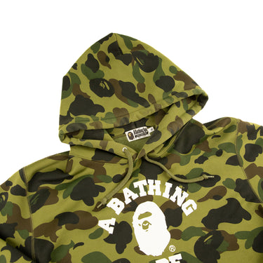 The hood and logo of the A Bathing Ape 1st Camo Green College Hoodie.