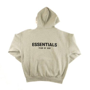 The back of the Fear Of God ESSENTIALS Dark Oatmeal Hoodie M.
