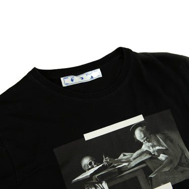 The collar of the Off-White Caravaggio Black Long Sleeve T-Shirt.