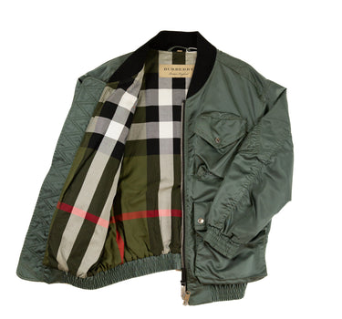 The unzipped of the Burberry Green Utility Bomber Jacket.