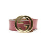 The front of the Gucci Pink Monogram Gold GG Buckle Belt.