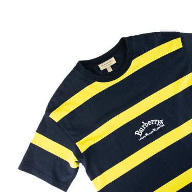 The logo of the Burberry Embroidered Logo Yellow Navy Striped T Shirt.