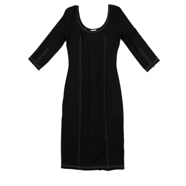 The Front of the Burberry Black Dress with White Stitching.