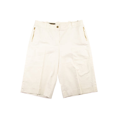 The front of the Loro Piana White Bermuda Cotton Shorts with Gold Detailing.