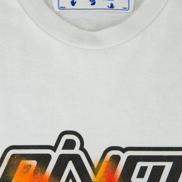 The collar of the Off-White Pivot Fish White T Shirt.