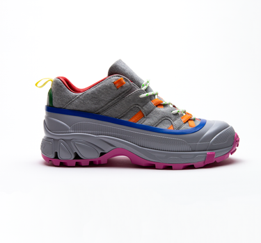 The right side of the Burberry Grey Arthur Trainers highlighting the multicolour composition with grey, pink, orange, blue, and red.