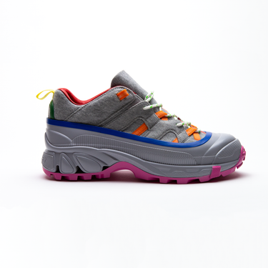 The right side of the Burberry Grey Arthur Trainers highlighting the multicolour composition with grey, pink, orange, blue, and red.