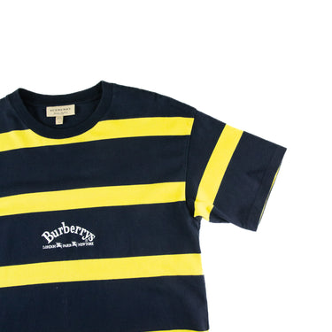 The flat of the Burberry Embroidered Logo Yellow Navy Striped T Shirt.