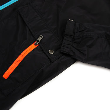A close-up detail of a Prada Multicolour Zip Jacket in black with its coloured zips.
