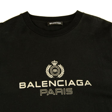 The front logo of the Balenciaga Paris Black T Shirt.