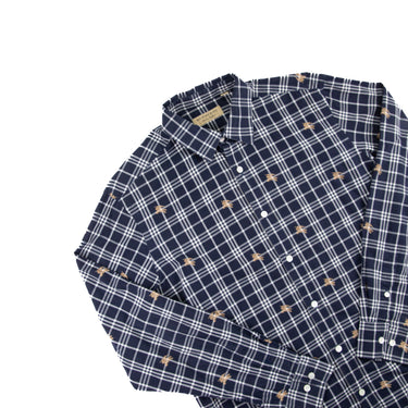 The flat lay of the Burberry Navy Check Equestrian Knight Shirt.