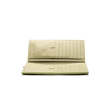 The inside view of a Burberry Embossed Check Continental Wallet in Lichen Green displaying multiple card slots.