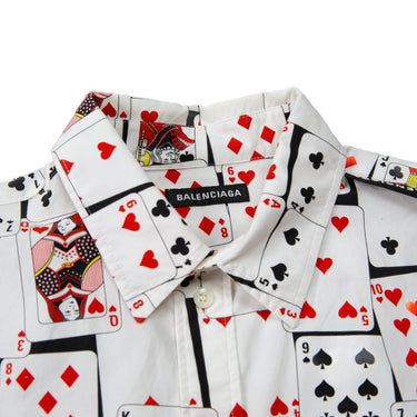The collar and inside label of the Balenciaga Playing Cards Long Sleeve Shirt.