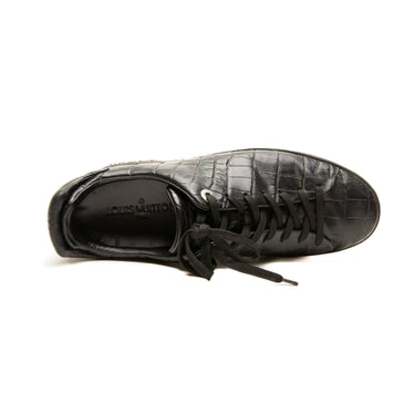 The top of the Louis Vuitton Frontrow Black Crocodile Embossed Leather Sneakers .