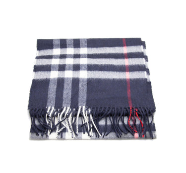 The top angle of the Burberry Luxury Cashmere Navy Check Scarf.