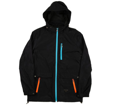The front of a Prada Multicolour Zip Jacket in black with blue and pink zips.