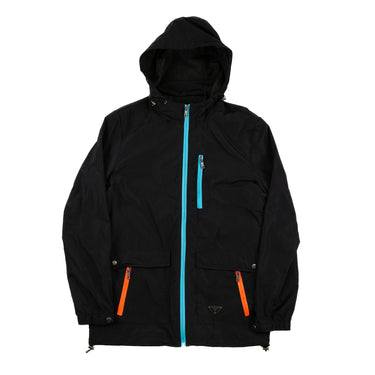 The front of a Prada Multicolour Zip Jacket in black with blue and pink zips.