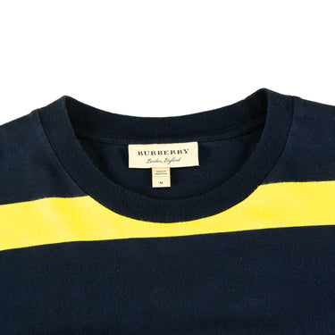 The label of the Burberry Embroidered Logo Yellow Navy Striped T Shirt.