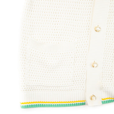 The buttons of the Casablanca Multicolor Crochet Tennis Shirt highlighting the detailed craftsmanship.