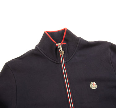 The collar and logo of the Moncler Cotton Zip-Up Navy Sweatshirt.