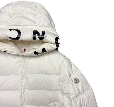 The logo of the Moncler White Salzman Puffer Jacket.