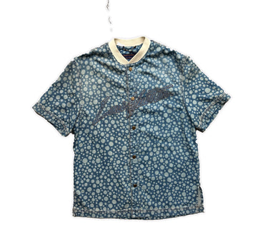 The front of the Louis Vuitton X Yayoi Kusama Blue Dot Baseball Shirt.
