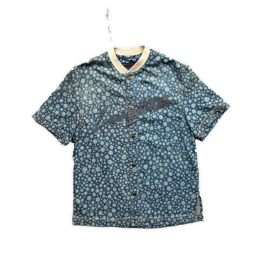 The front of the Louis Vuitton X Yayoi Kusama Blue Dot Baseball Shirt.